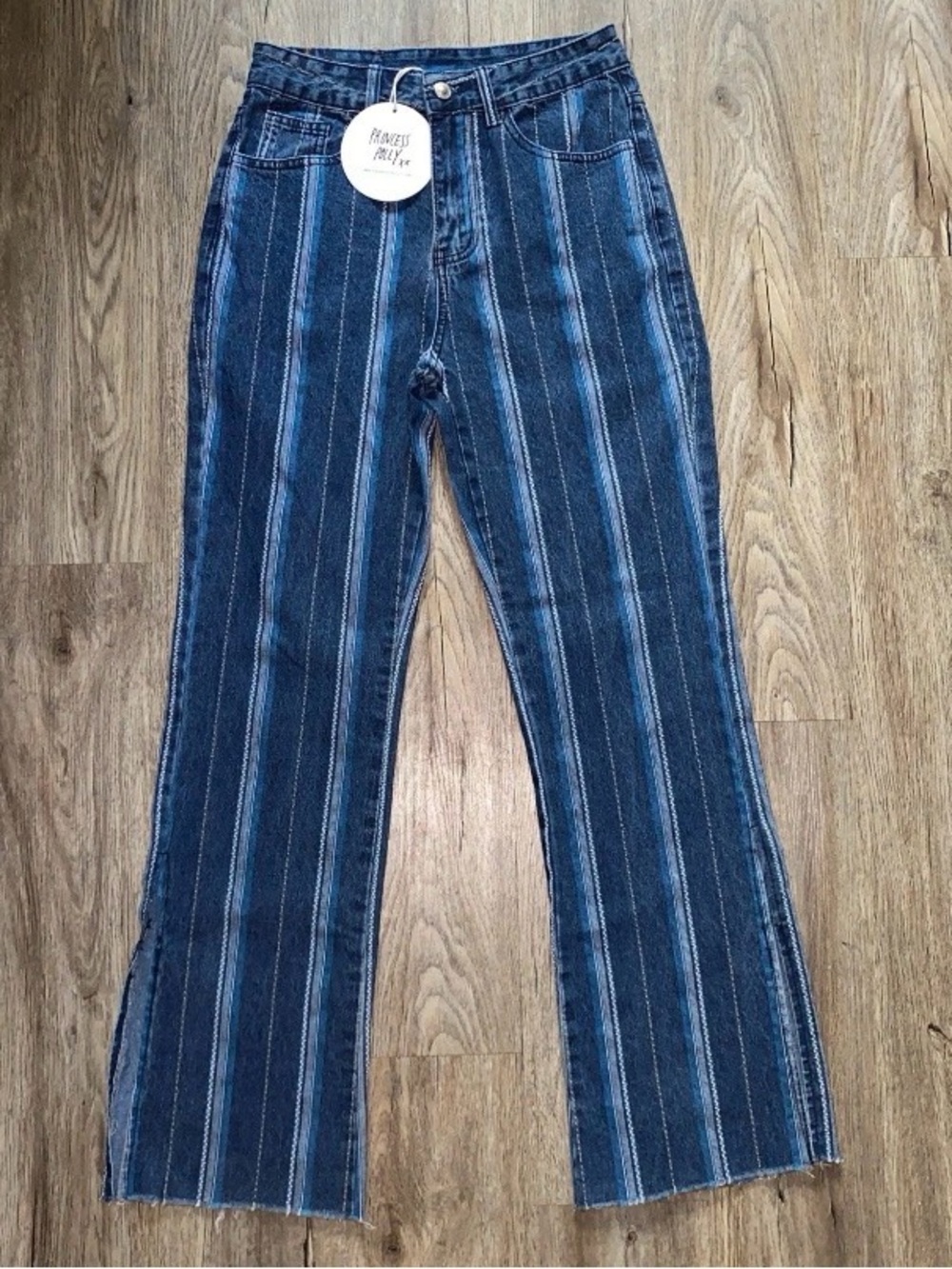 Princess Polly Blue Vertical Stripe HighRise Flare Jeans Front Slit Women’s Sz 4 - Picture 4 of 6
